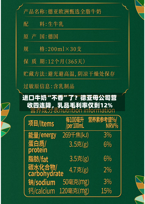 进口牛奶“不香	”了？德亚母公司营收四连降	，乳品毛利率仅剩12%-第2张图片